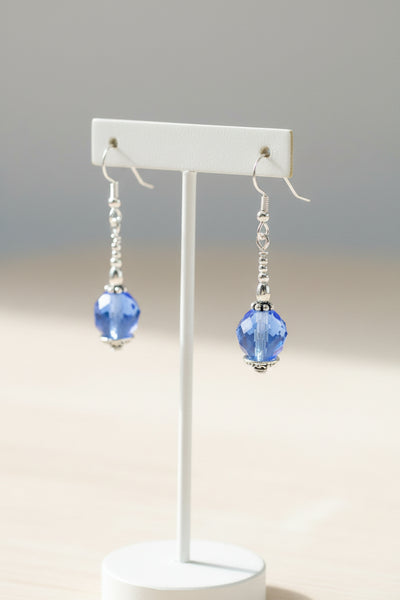 Vintage Sapphire Blue Glass Bead and Silver Drop Earrings.