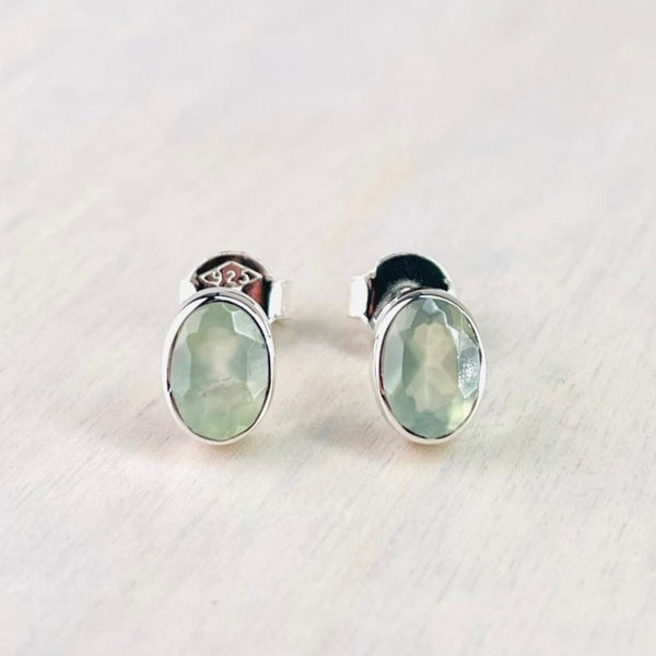 Oval Silver and Faceted Prehnite Stud Earrings.