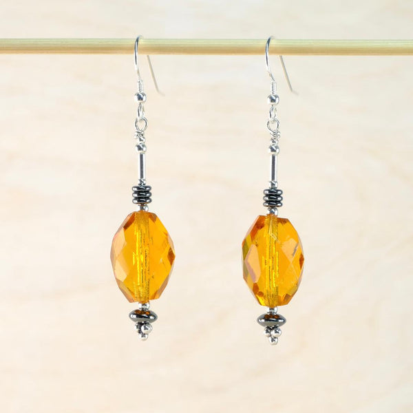 Vintage Amber Glass Bead and Silver Drop Earrings.