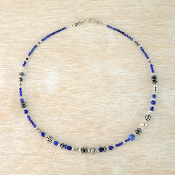 Lovely in Lapis, Decorative Silver Bead Necklace by Emily Merrix.