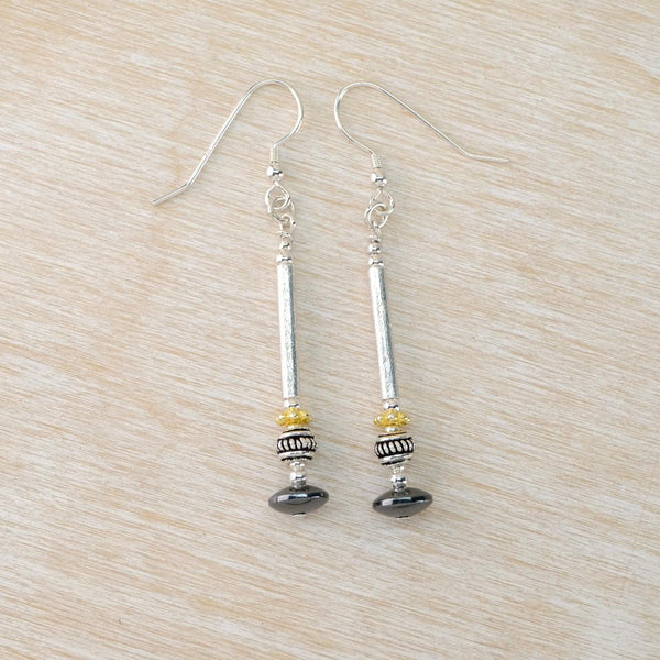 Long Silver, Gold-Plated Silver and Hematite Bead Earrings by Emily Merrix.