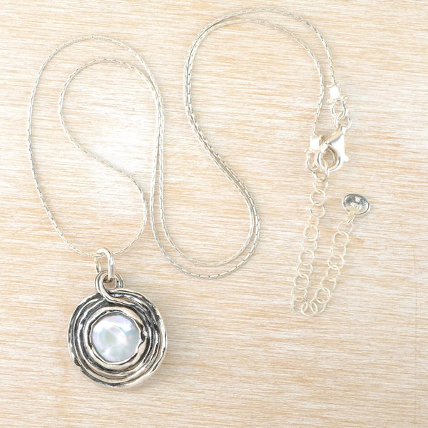 Sterling Silver Circles and Pearl Coin Pendant Necklace by JB Designs.