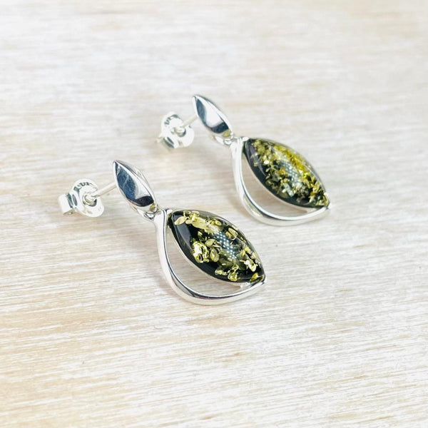 Marquise Double Drop Green Amber and Silver Earrings.