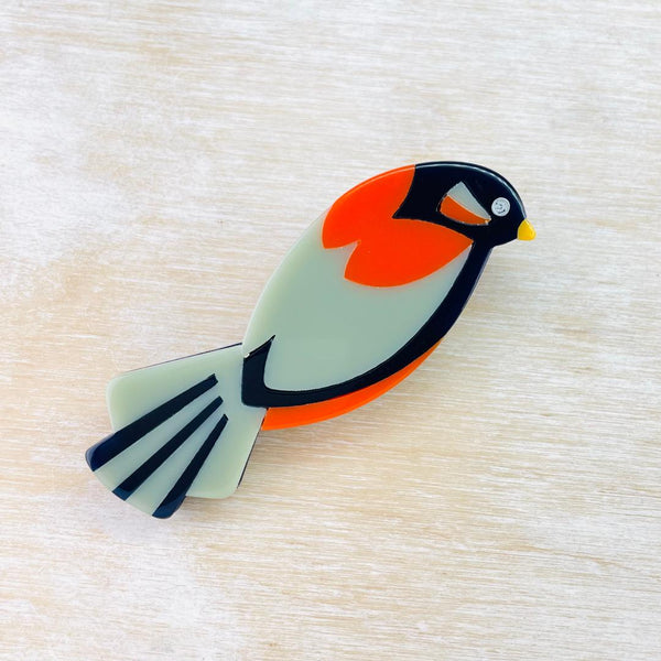 Resin Bird Brooch in Orange and Grey.