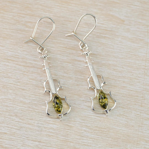 Green Amber and  Sterling Silver Violin Earrings.