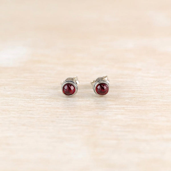 Cabochon Garnet and Sterling Silver Stud Earrings.
