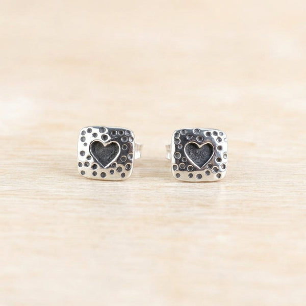 Sterling Silver Square Stud Earrings with Heart.