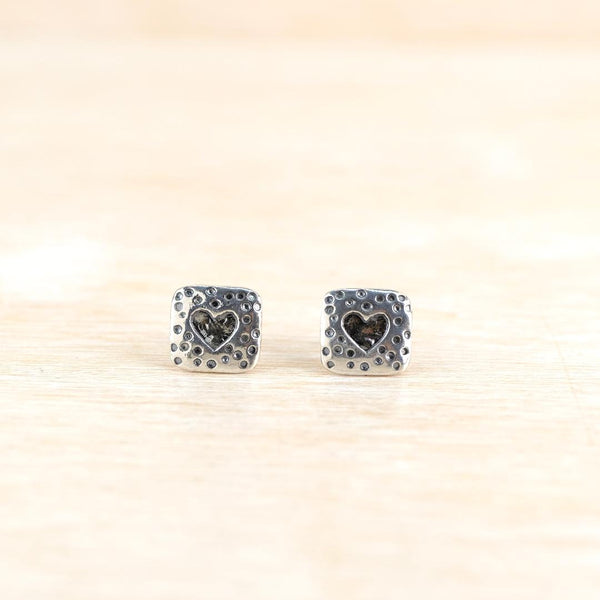 Sterling Silver Square Stud Earrings with Heart.