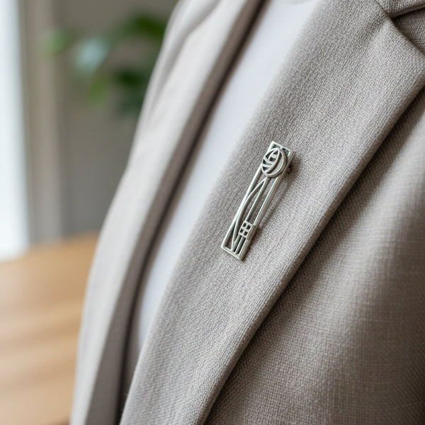 A silver Arts and Crafts style rectangular brooch featuring floral and geometric motifs, presented on a jacket
