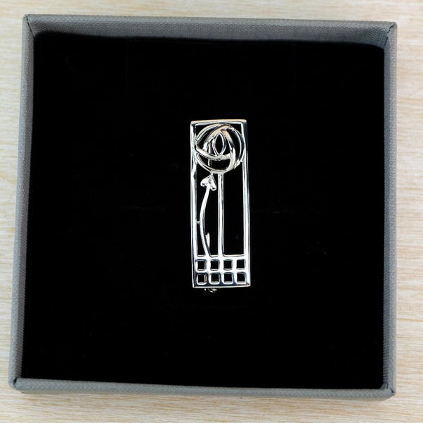 Vintage Sterling Silver Mackintosh Style Rose and Leaf Brooch.