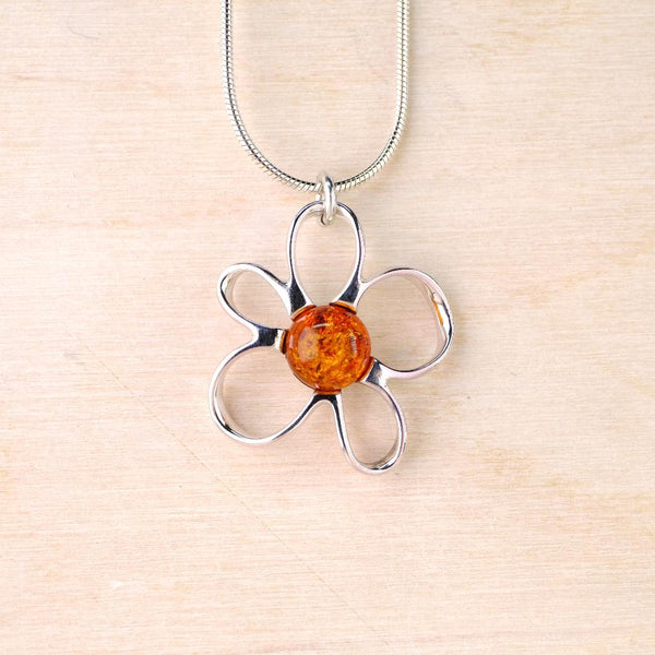 Sterling Silver and Amber Flower Pendant.