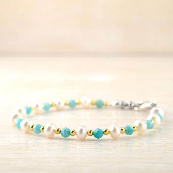Pearl, Amazonite, Silver and Gold Plated Bead Bracelet by Emily Merrix.