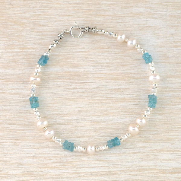 Pearl, Aquamarine and Silver Bead Bracelet by Emily Merrix.