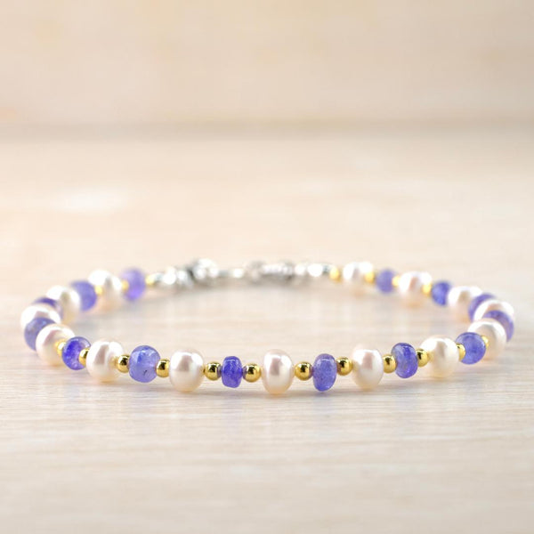Pearl, Tanzanite, Silver and Gold Plated Bead Bracelet by Emily Merrix.