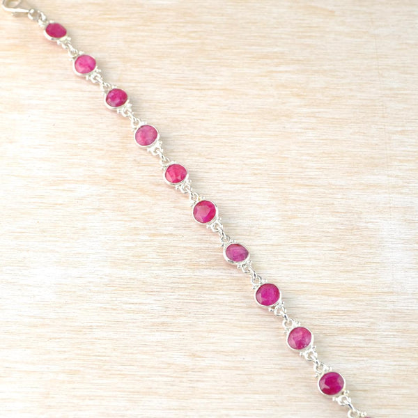 Sterling Silver and Round Ruby Quartz Stone Set Bracelet.