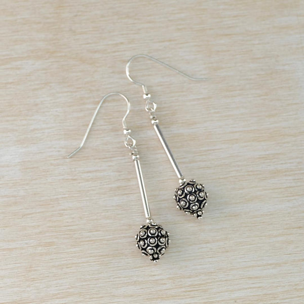 Long Silver Stem and Decorative Ball Drop Earrings.