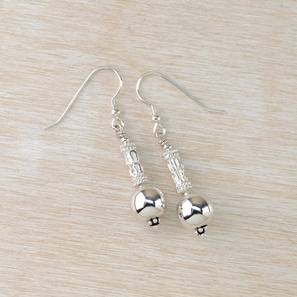 Sterling Silver Ball and Decorative Bead Drop Earrings.