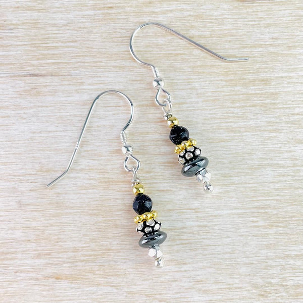 Blue Goldstone, Hematite, Silver and Gold Plated Beaded Earrings by Emily Merrix.