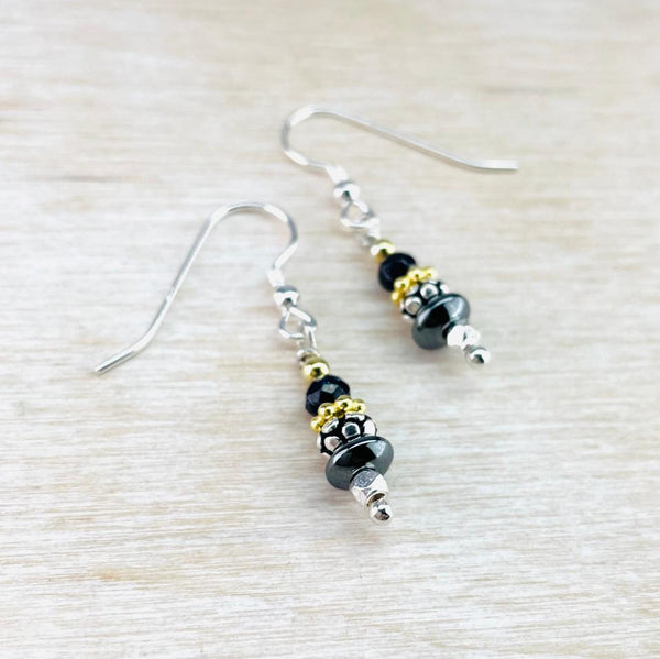 Blue Goldstone, Hematite, Silver and Gold Plated Beaded Earrings by Emily Merrix.