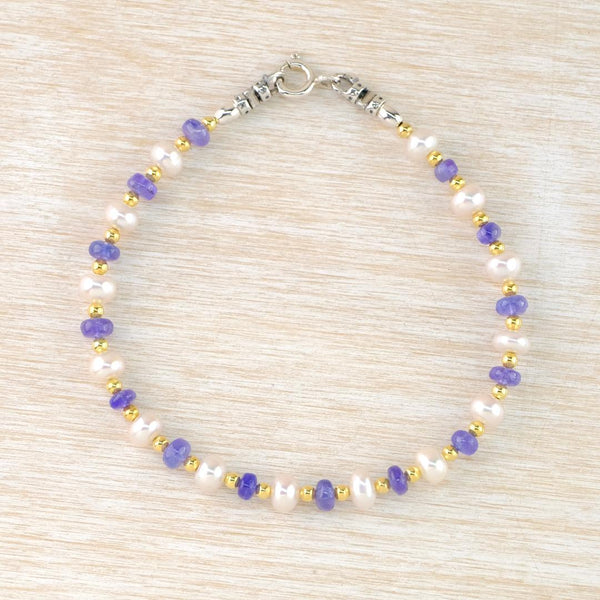 Pearl, Tanzanite, Silver and Gold Plated Bead Bracelet by Emily Merrix.