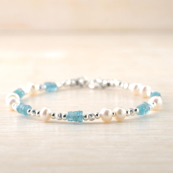 Pearl, Aquamarine and Silver Bead Bracelet by Emily Merrix.