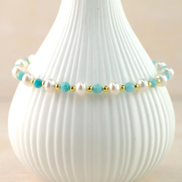 Pearl, Amazonite, Silver and Gold Plated Bead Bracelet by Emily Merrix.
