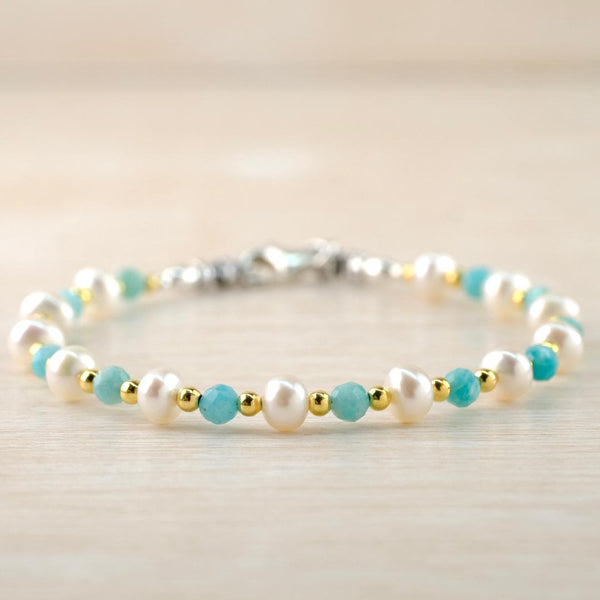 Pearl, Amazonite, Silver and Gold Plated Bead Bracelet by Emily Merrix.