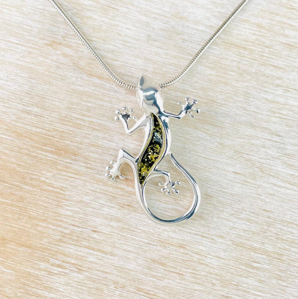 Green Amber and Sterling Silver Lizard Pendant.
