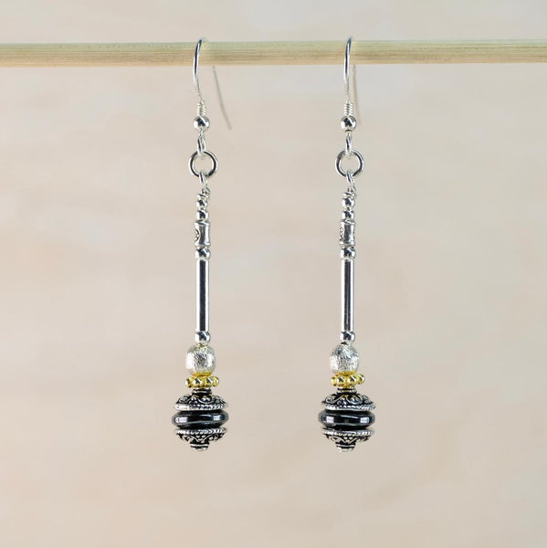 Long Gold Plated Silver, Silver and Hematite Bead Earrings by Emily Merrix.