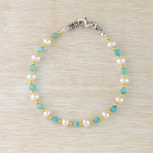Pearl, Amazonite, Silver and Gold Plated Bead Bracelet by Emily Merrix.