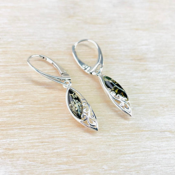 Marquise Green Amber and Silver Filigree Earrings.