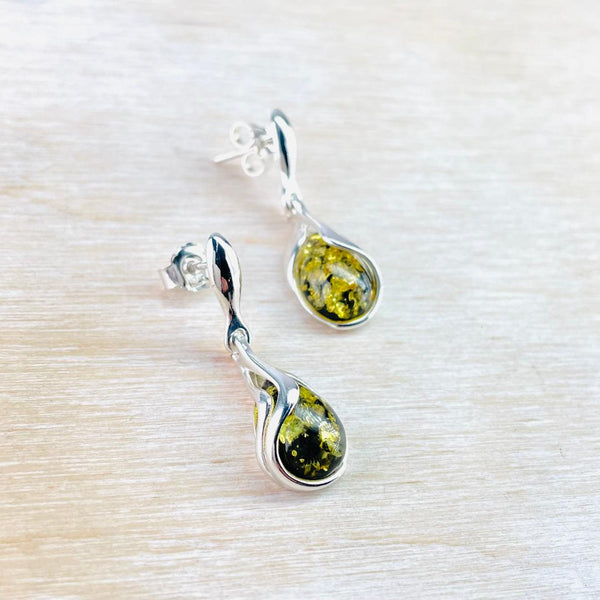 Green Amber Drop Earrings With Sterling Silver Overlay.