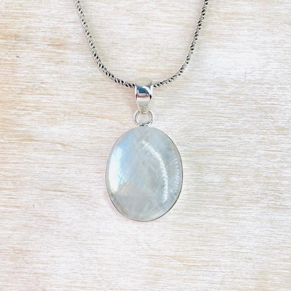 Larger Sterling Silver and Oval Rainbow Moonstone Pendant.