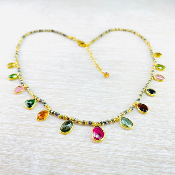 Sterling Silver and Gold Plated Necklace with Tourmaline Droplets.