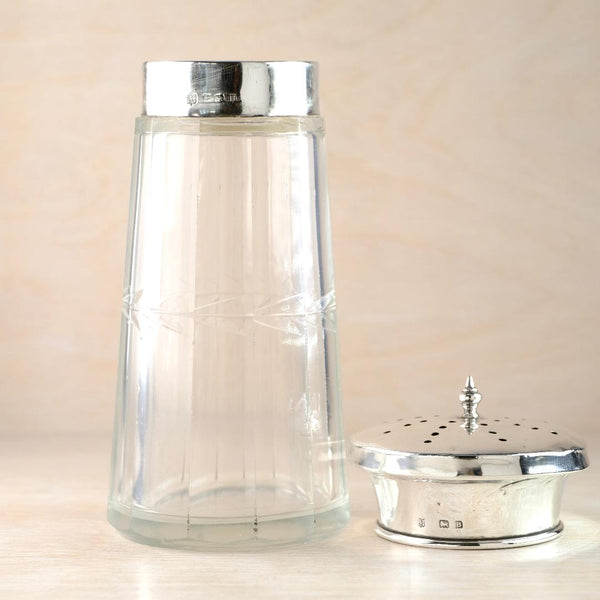 Vintage Silver Topped Glass Sugar Shaker,  Hallmarked in Birmingham, 1926.