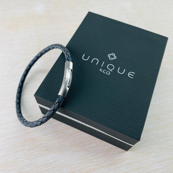 Gents Antique Grey Leather and Stainless Steel Bracelet by Unique & Co.