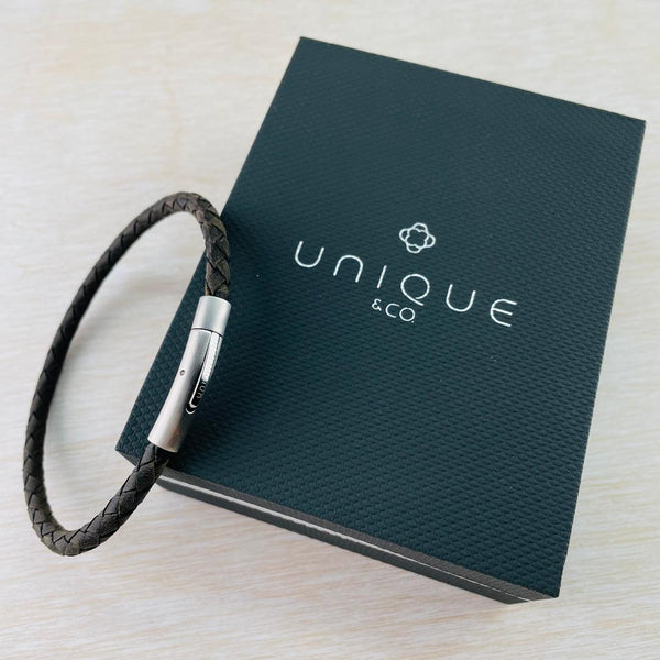 Gents Antique Dark Brown Leather and Stainless Steel Bracelet by Unique & Co.