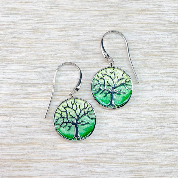 Sterling Silver and Enamel Green 'Tree of Life' Earrings by Nicole Barr.