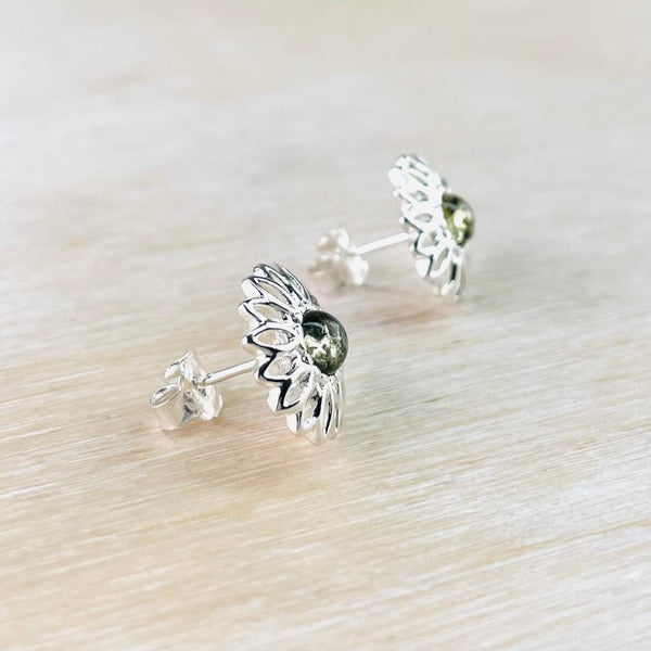 Green Amber and Silver Flower Stud Earrings.
