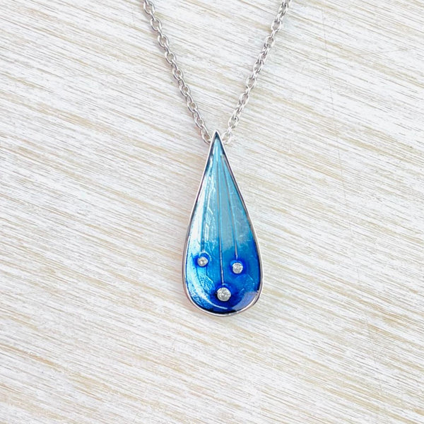Sterling Silver, Enamel and White Sapphire Pendant by Nicole Barr, Blue Sky With Stars