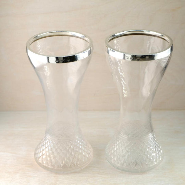 Pair of Antique Silver Topped Glass Vases,  Hallmarked in London, 1907