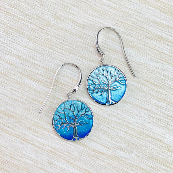 Sterling Silver and Enamel Blue 'Tree of Life' Earrings by Nicole Barr.
