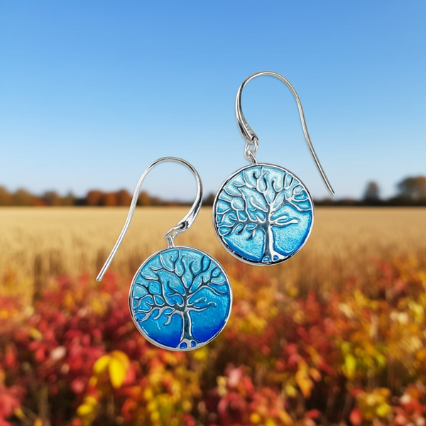 Sterling Silver and Enamel Blue 'Tree of Life' Earrings by Nicole Barr.