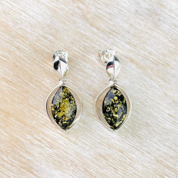 Marquise Double Drop Green Amber and Silver Earrings.