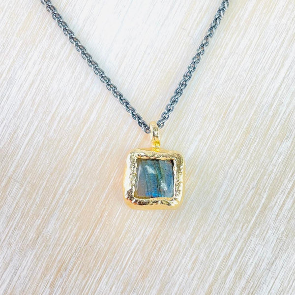 Labradorite and Gold Plated Silver Square Pendant by JB Designs.