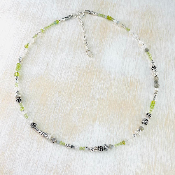 Peridot, Rainbow Moonstone and Silver Bead Necklace by Emily Merrix.