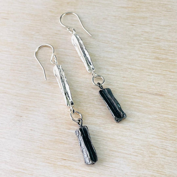 Two Tone Textured Silver Long Drop Earrings by JB Designs.