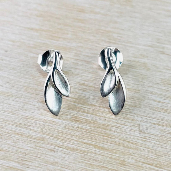 Leaf Design Satin and Polished Silver Stud Earrings by JB Designs.