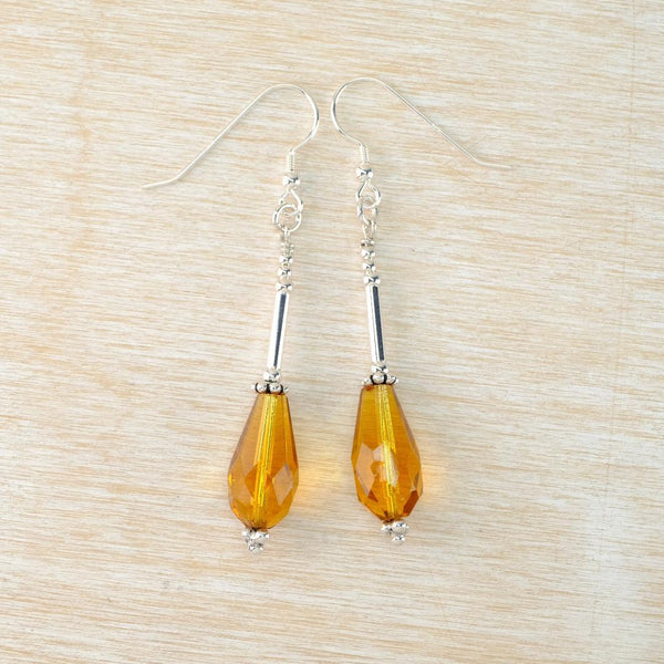 Long Sterling Silver and Vintage Glass Drop Earrings.