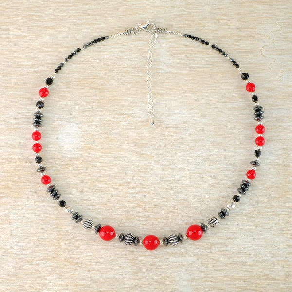 Retro in Red, Sterling Silver and Haematite Beaded Necklace By Emily Merrix.